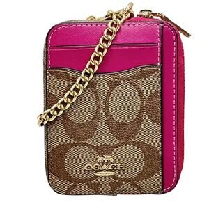 COACH L-ZIP CARD COIN CASE IN SIGNATURE CANVAS KHAKI & BOLD PINK WALLET NEW!